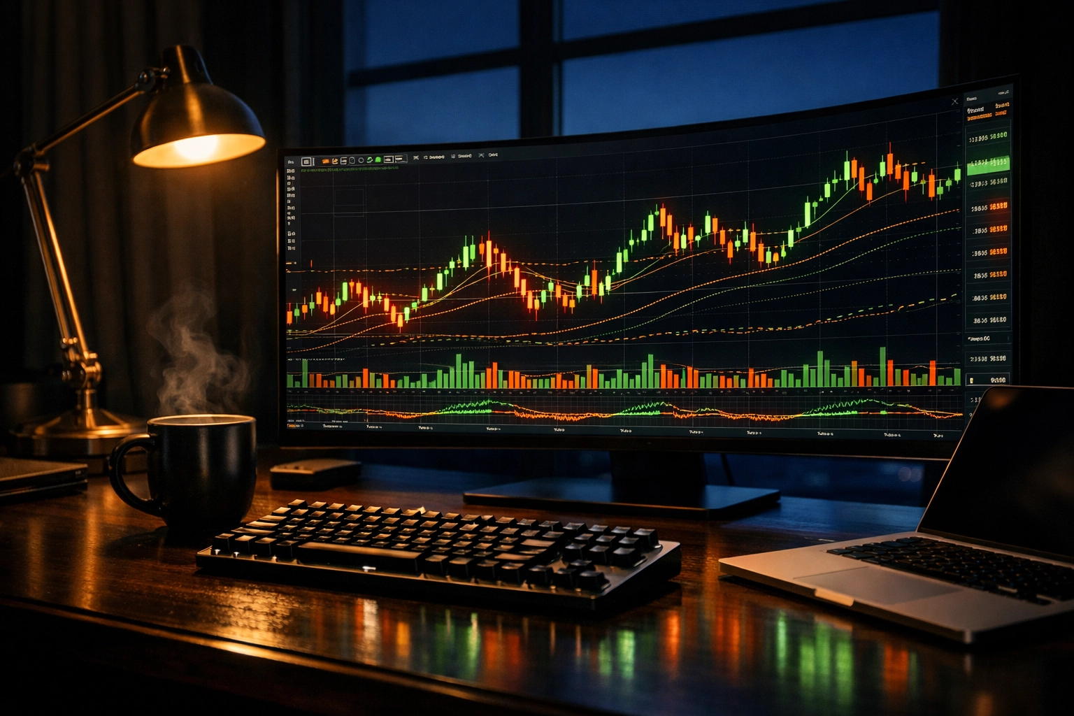 Dow Jones futures candlestick charts on a trading desk monitor during pre-market hours before the opening bell.