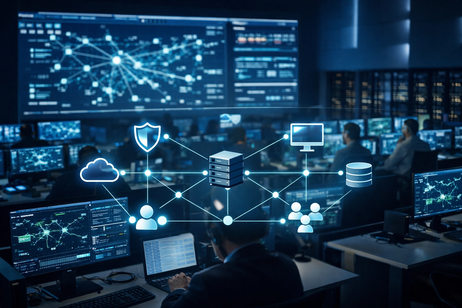 Network operations center monitoring cybersecurity dashboards and network security systems