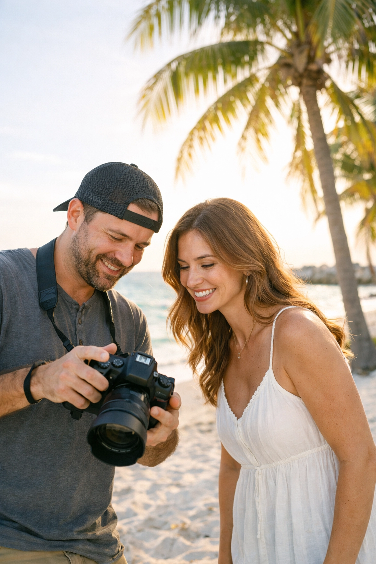 A Miami photographer reviewing digital shots with a client during a beach session at South Pointe Park.