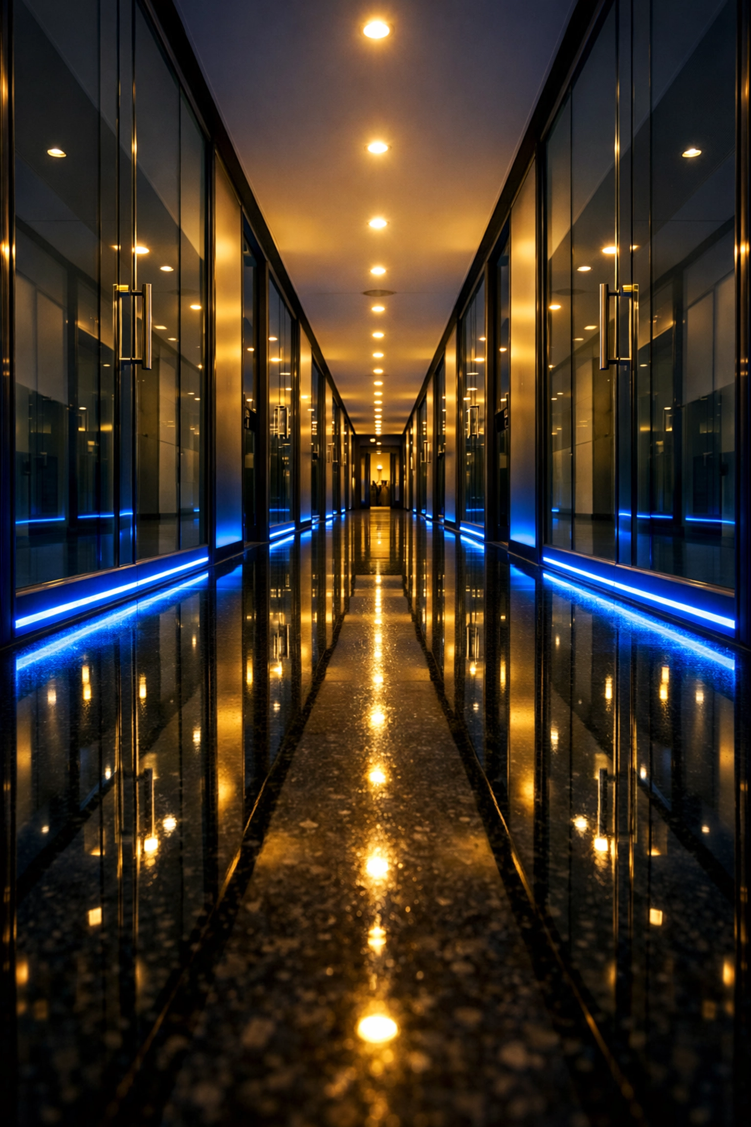 Streak-free glass doors and polished stone floors in a Palmer, MA office hallway after expert janitorial services.