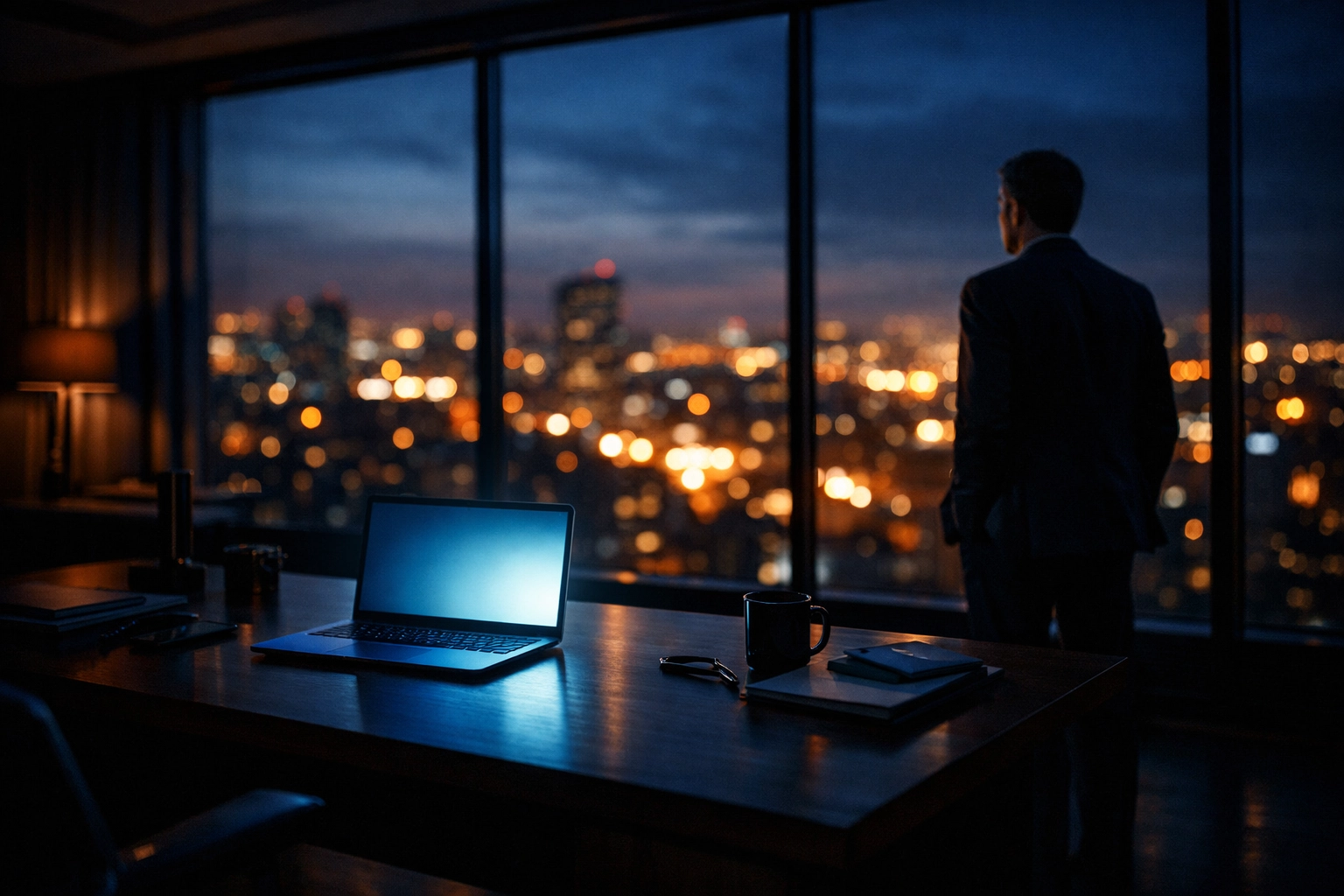Isolated professional working late in a modern office, illustrating workplace stress and pressure.