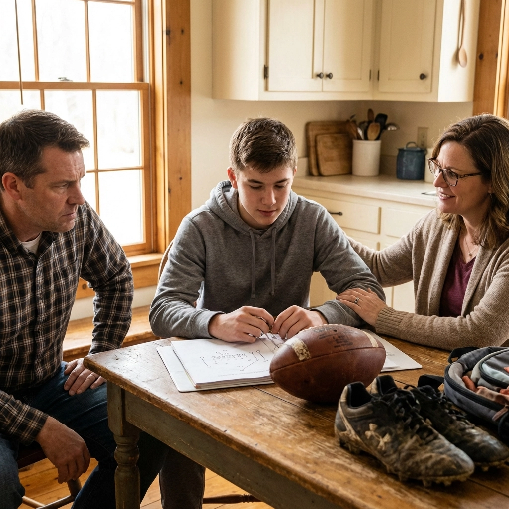 Teenage quarterback and his parents discussing team culture and future goals to protect his love of the game.