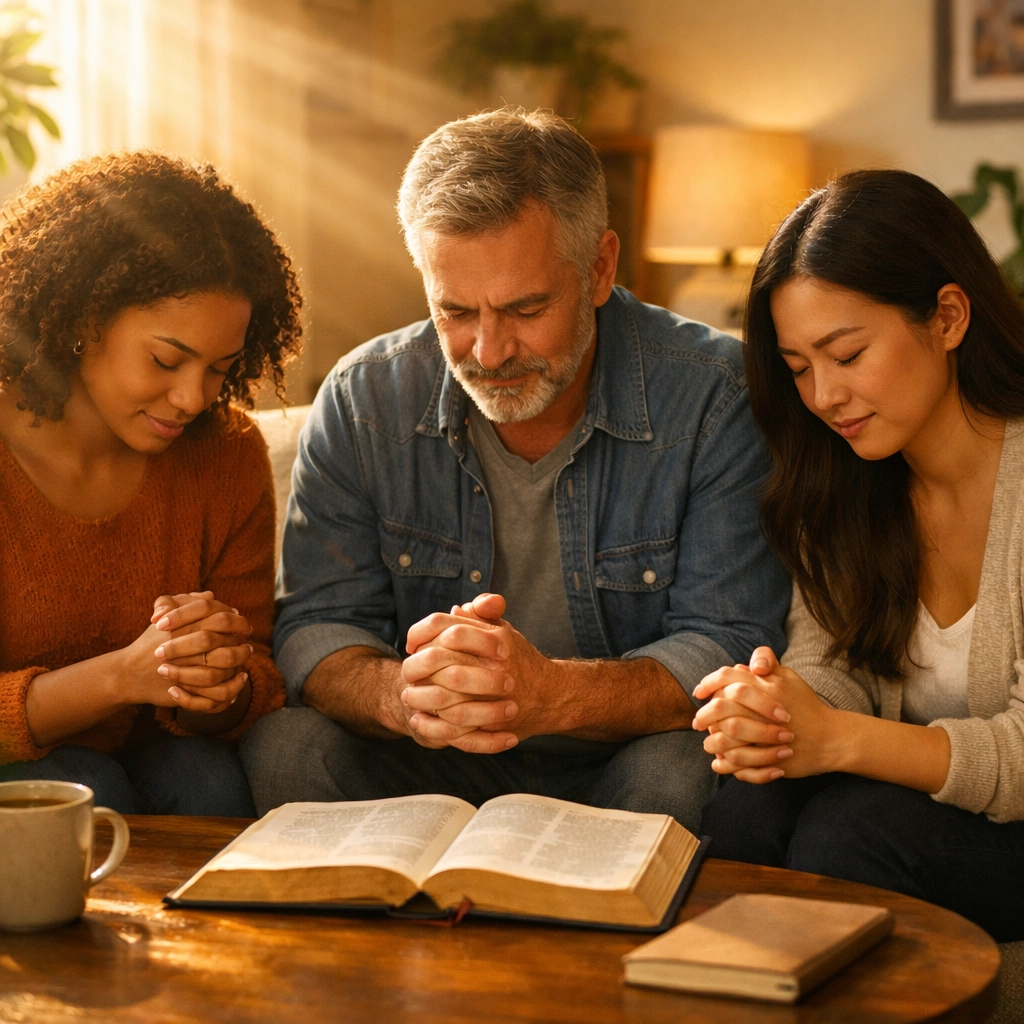 Group praying together in faith believing for God's supernatural breakthrough and provision