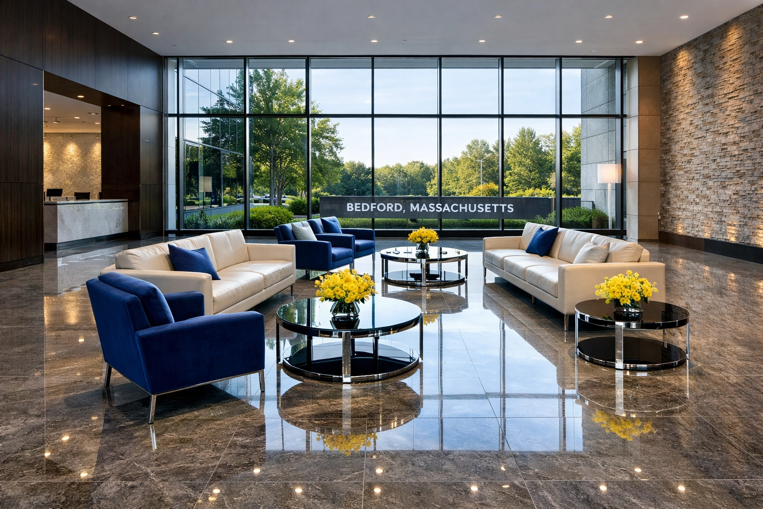 A spotless, high-end corporate lobby following professional commercial cleaning in Bedford.