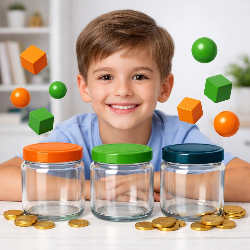 A happy boy learning financial literacy and stewardship with three colored jars for giving, saving, and spending.