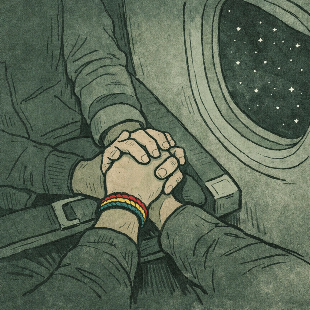 LGBTQ+ couple holding hands on flight from Port Louis to London