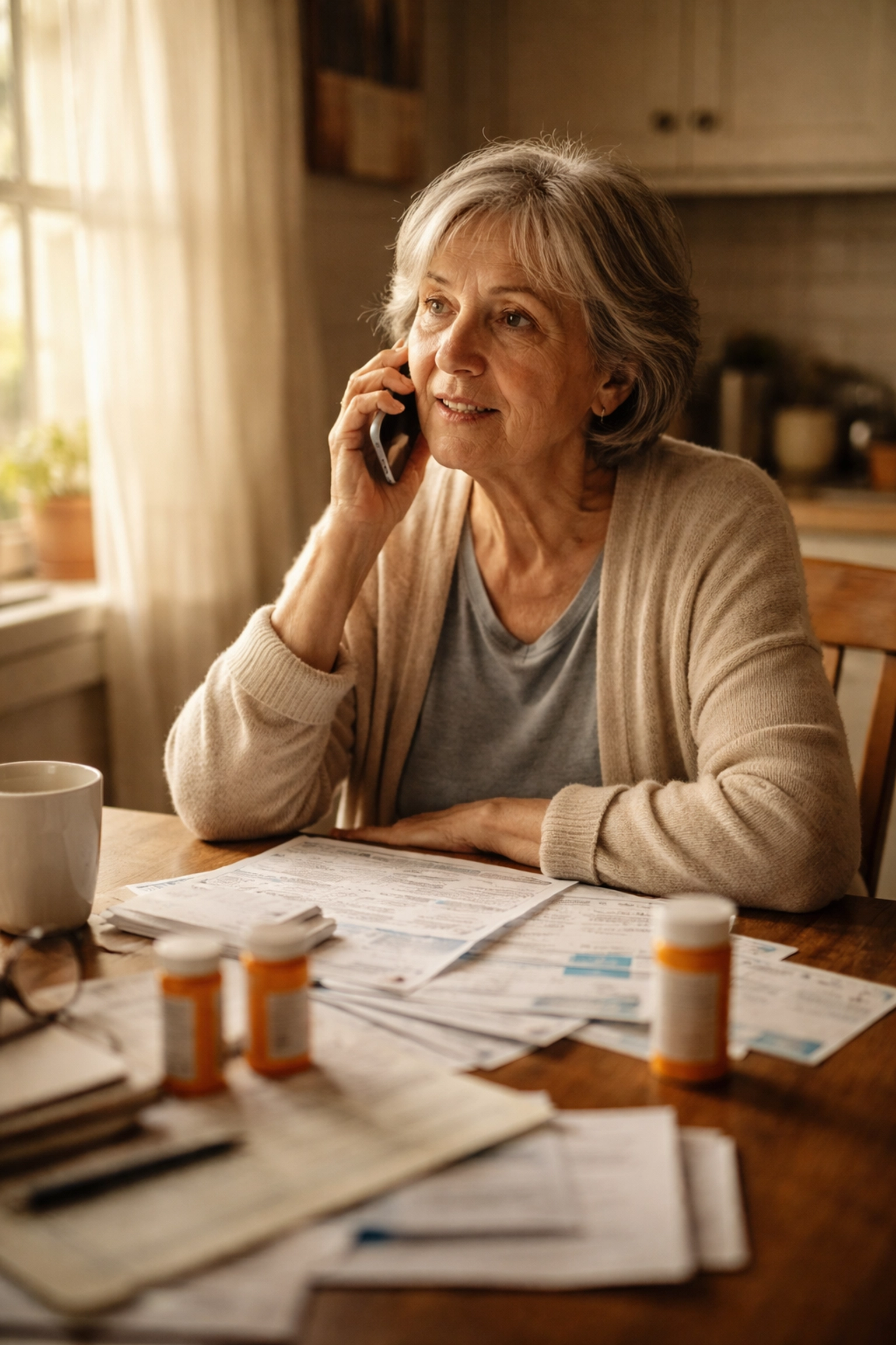 Older woman at kitchen table on phone looking worried and hopeful, surrounded by medical paperwork and prescriptions, illustrating the stress of navigating healthcare alone after hospital discharge.