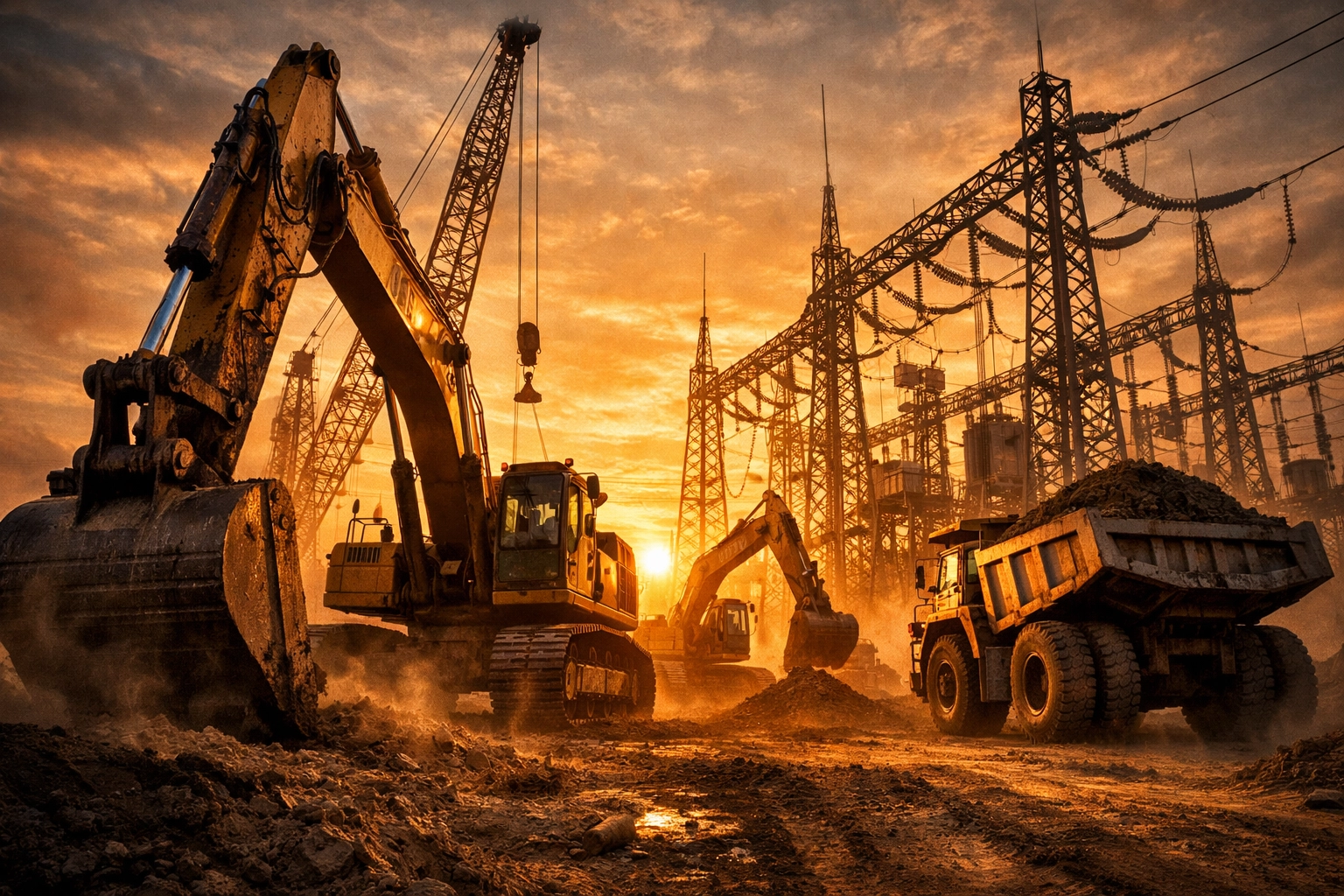 Heavy construction machinery working on an energy infrastructure site during the 2026 equipment surge.