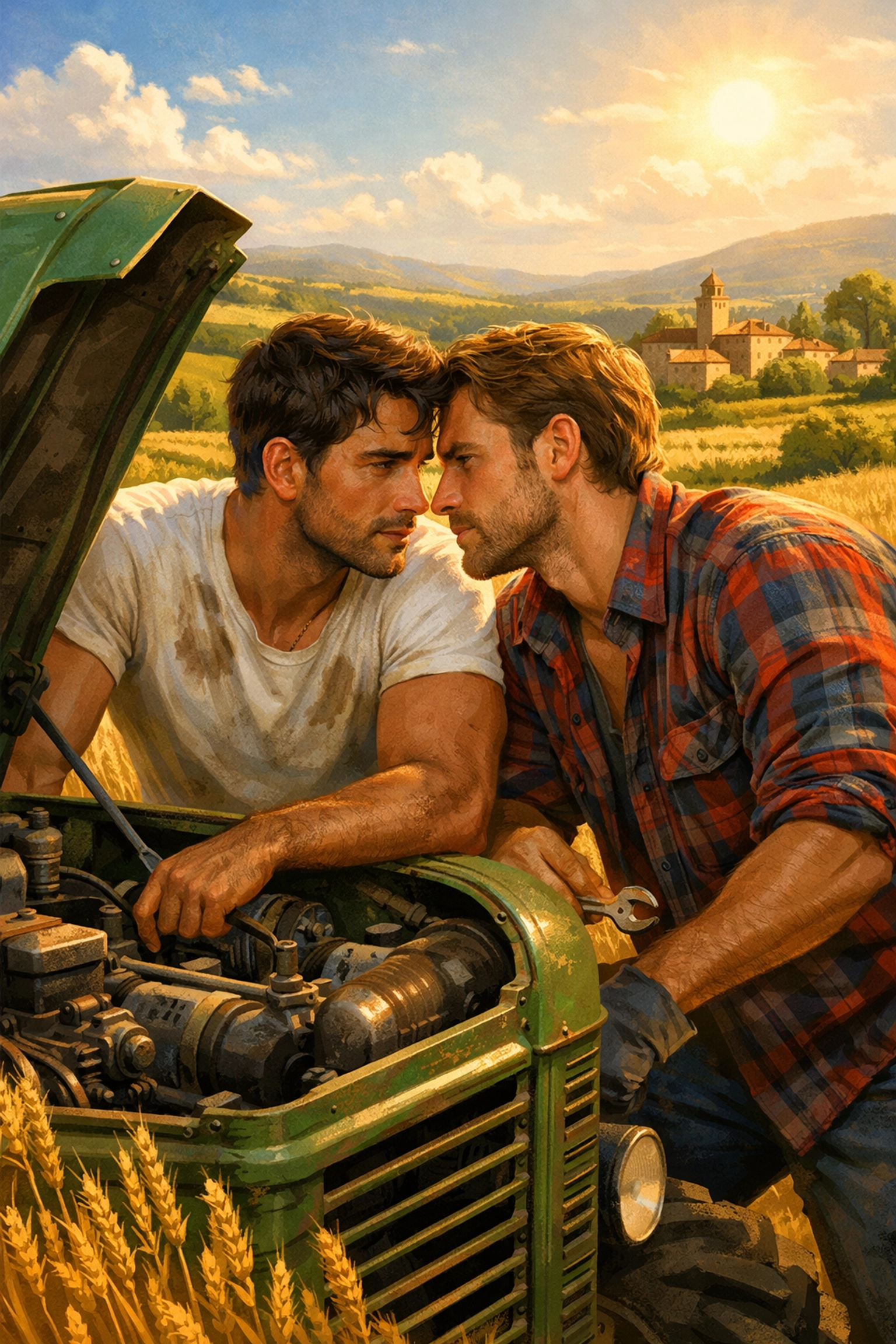 Two men fixing a tractor in a rural field, capturing the forced proximity trope common in popular MM romance books.