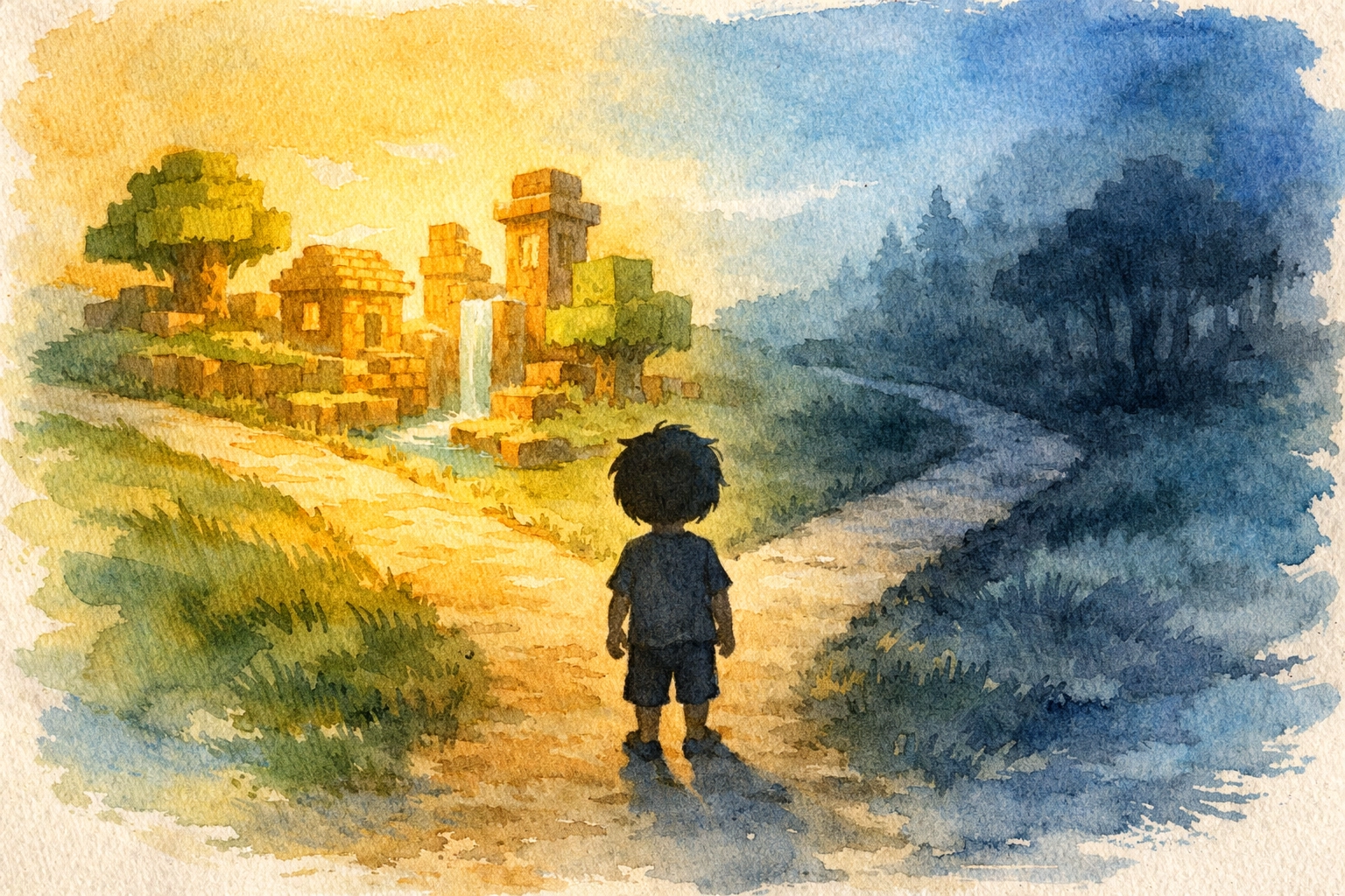 Child choosing between Minecraft-inspired paths representing parental guidance decisions