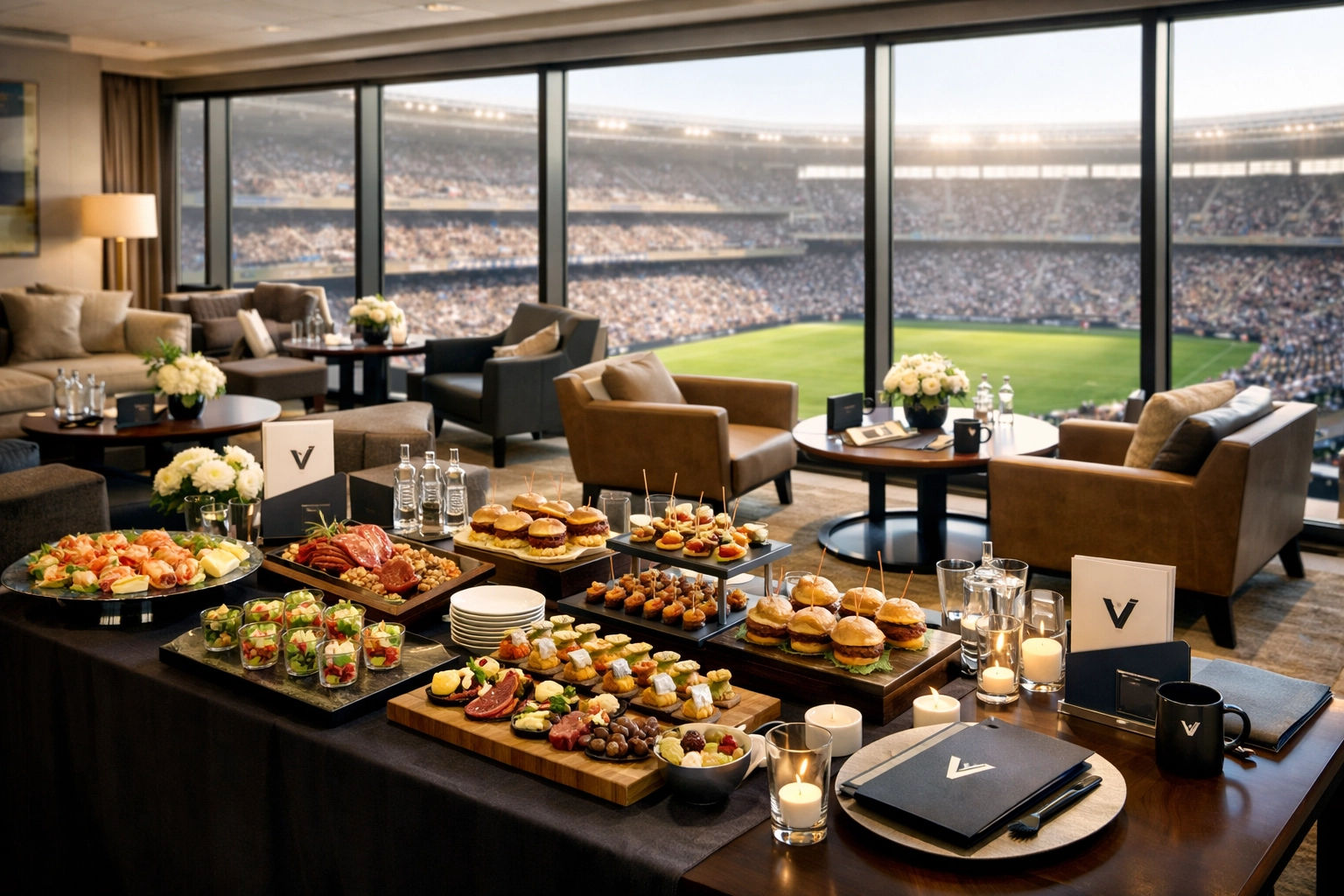 Luxury corporate hospitality suite overlooking stadium for Fortune 500 business entertainment