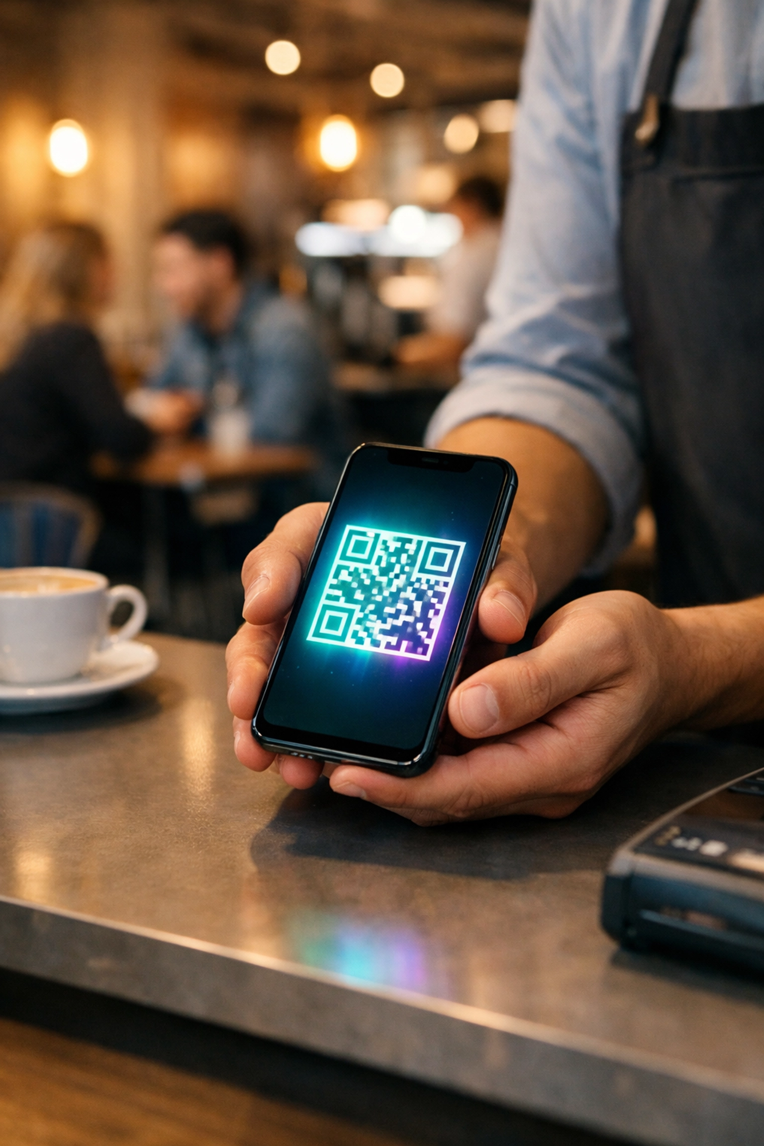 Merchant using smartphone QR code for crypto payments at coffee shop point of sale