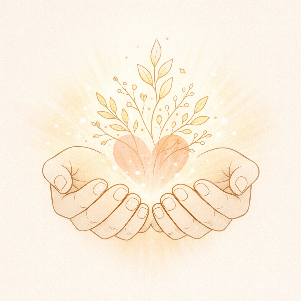 Open hands holding a blooming heart to represent personal transformation and trauma integration.