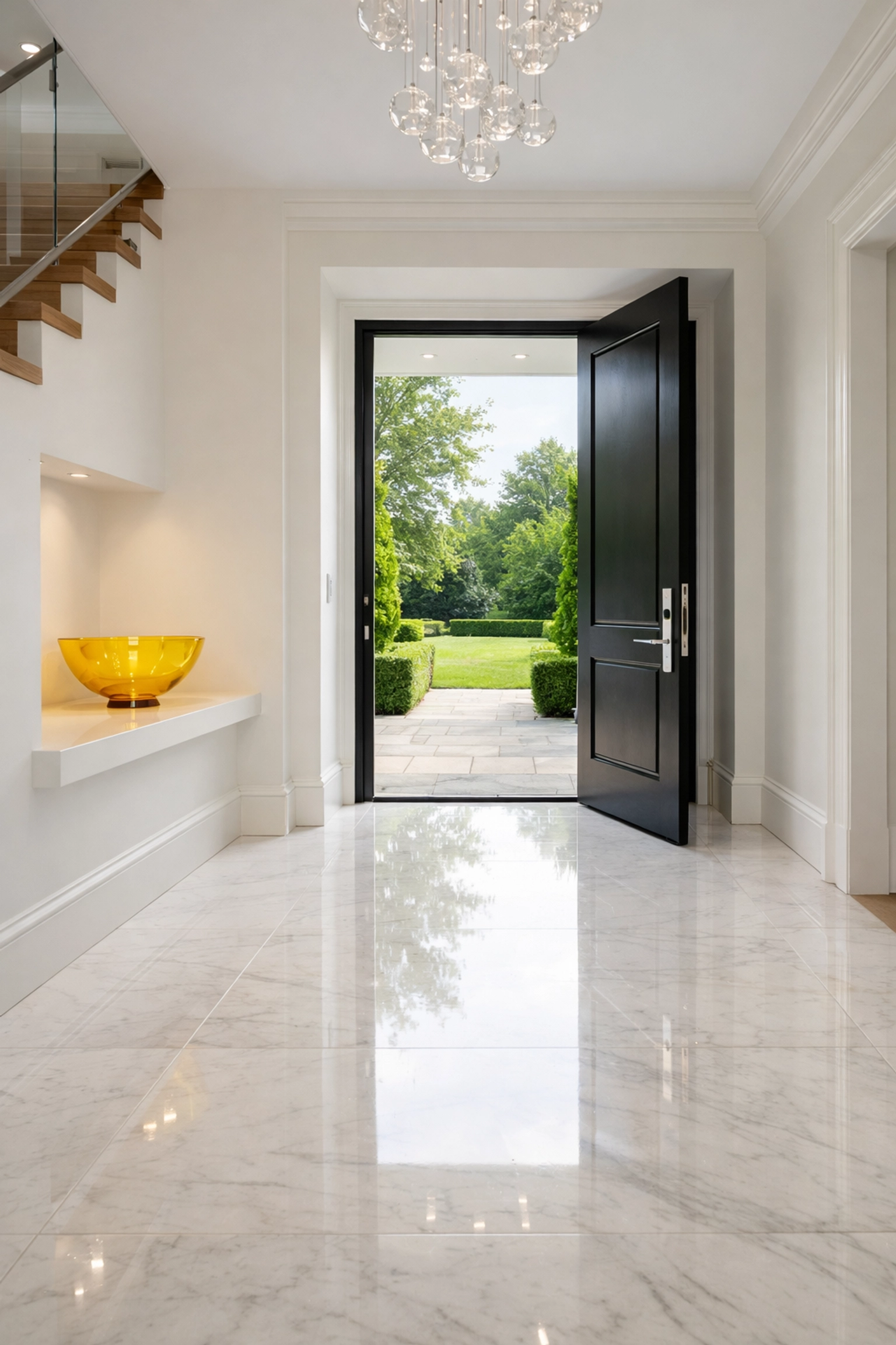 Pristine marble entryway of a Shrewsbury home showing the results of a professional move-out house cleaning service.