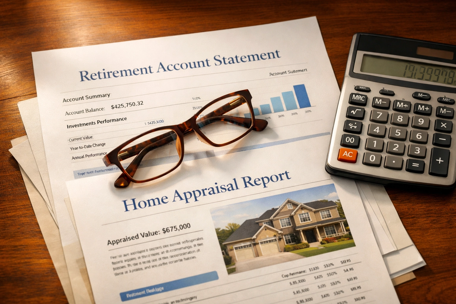 Financial documents including retirement accounts and property statements for Virginia divorce asset division
