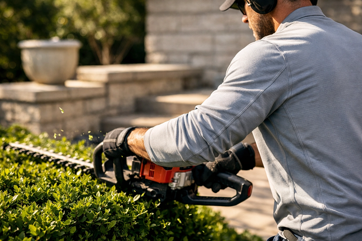 Landscaper trimming hedges while wearing a long-sleeve moisture-wicking custom work shirt.