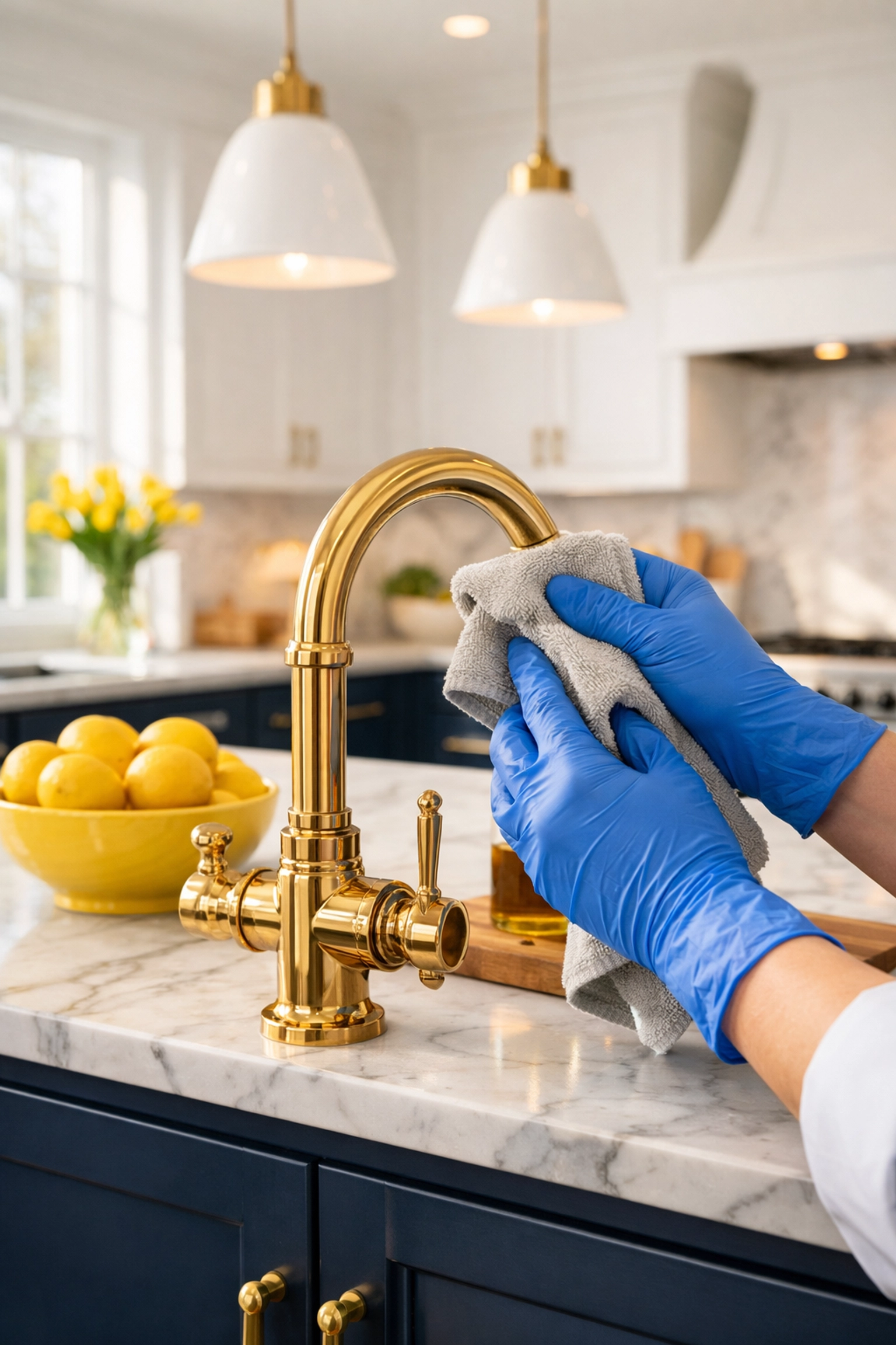Professional cleaners in Wayland MA detailing a luxury kitchen faucet for a personalized clean.
