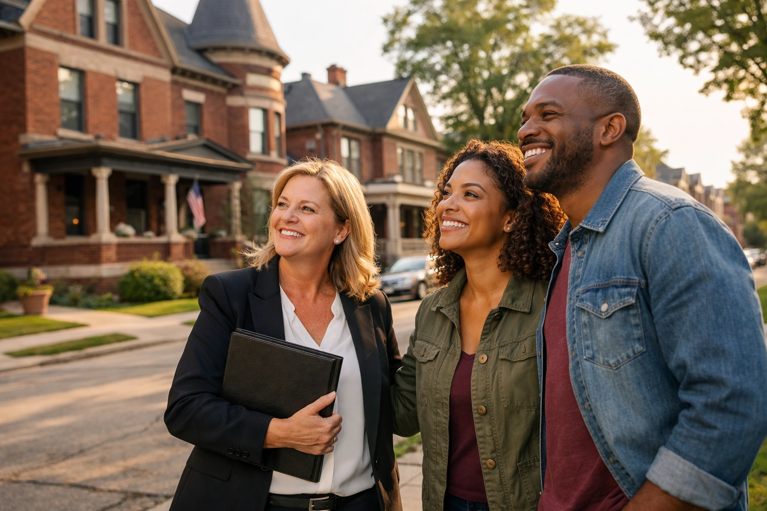 Local Detroit real estate professional discussing insurance options with homebuyers in a historic district.