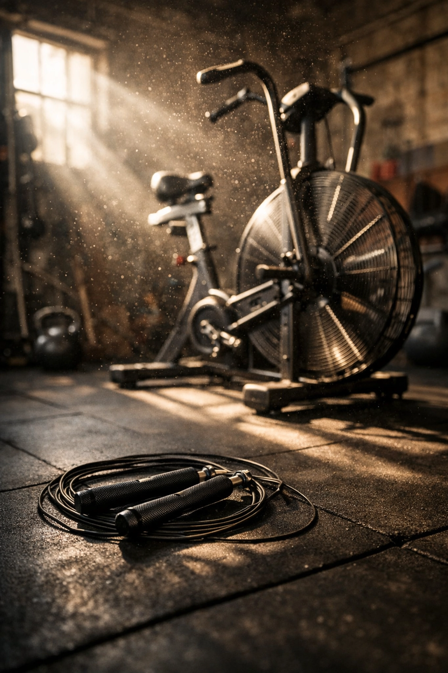 A jump rope and air bike in a garage home gym for CrossFit conditioning and cardio workouts.