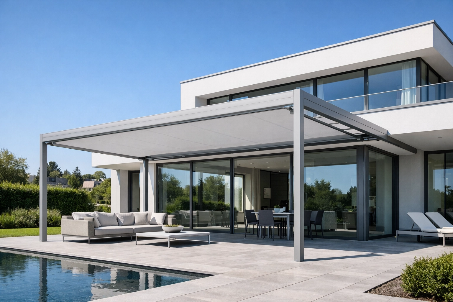 Moderne Terrassenüberdachung aus Aluminium mit ausgefahrener grauer Aufglasmarkise in Wien.