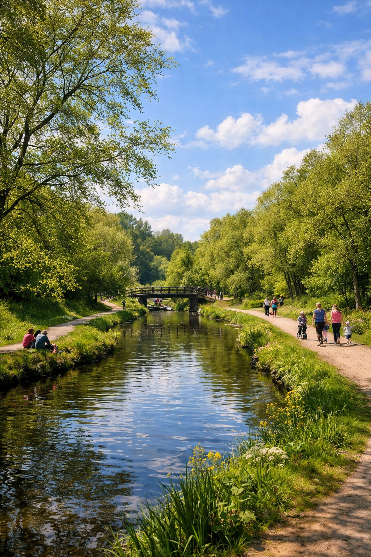 Daisy Nook Country Park in Failsworth with waterway and families enjoying green space