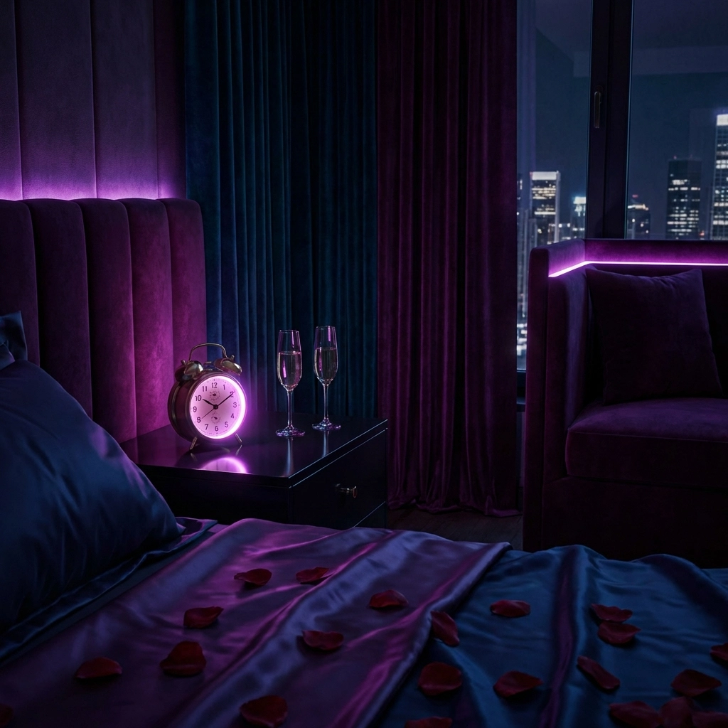 Luxurious bedroom setting with rose petals and champagne, highlighting the idea of scheduling intimate moments together.