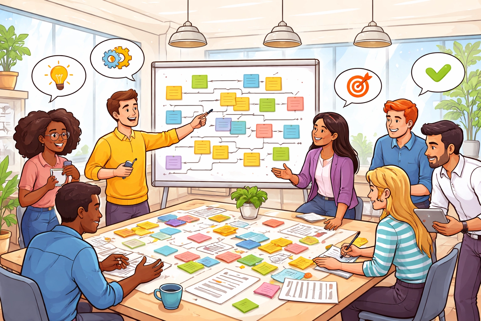 Team of employees collaborating on ISO 9001 processes in a bright, friendly meeting room