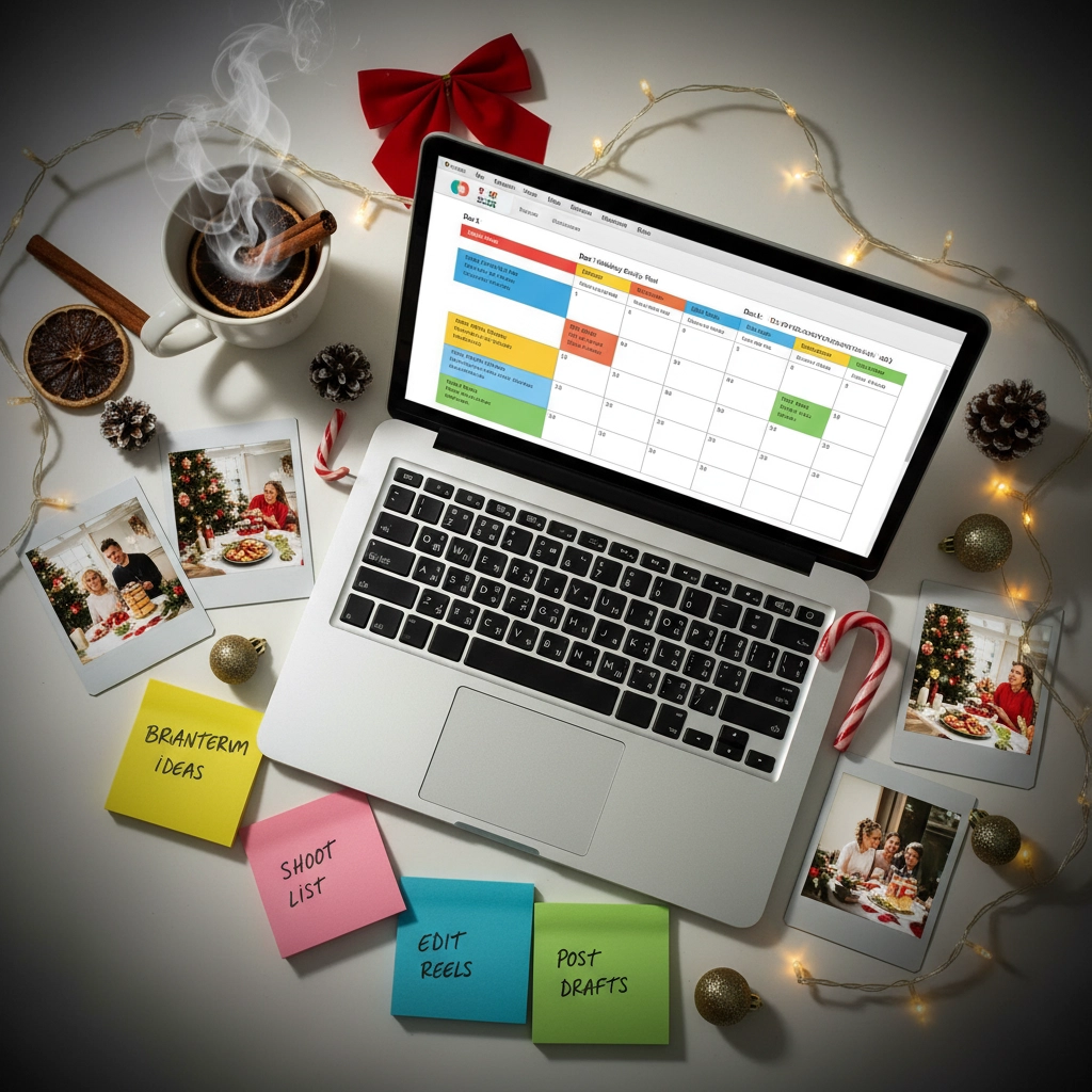 A festive workspace is set for holiday content planning, complete with a laptop calendar, colorful sticky notes for tasks, steaming cinnamon tea, and Christmas photos, all surrounded by lights and ornaments.


