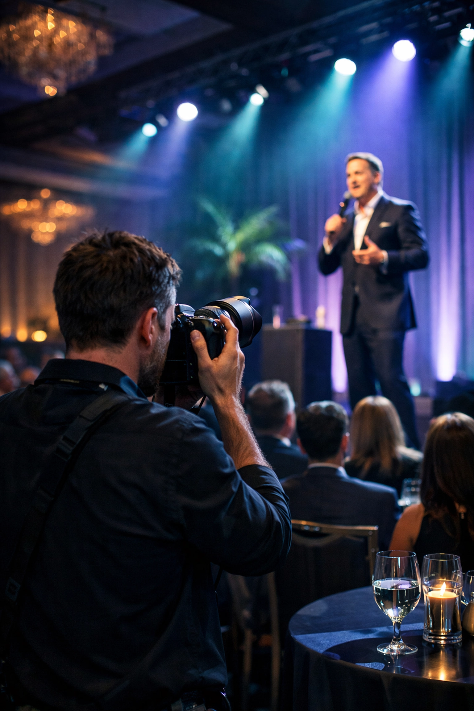 A professional miami event photographer capturing a keynote speaker at a high-end corporate conference.