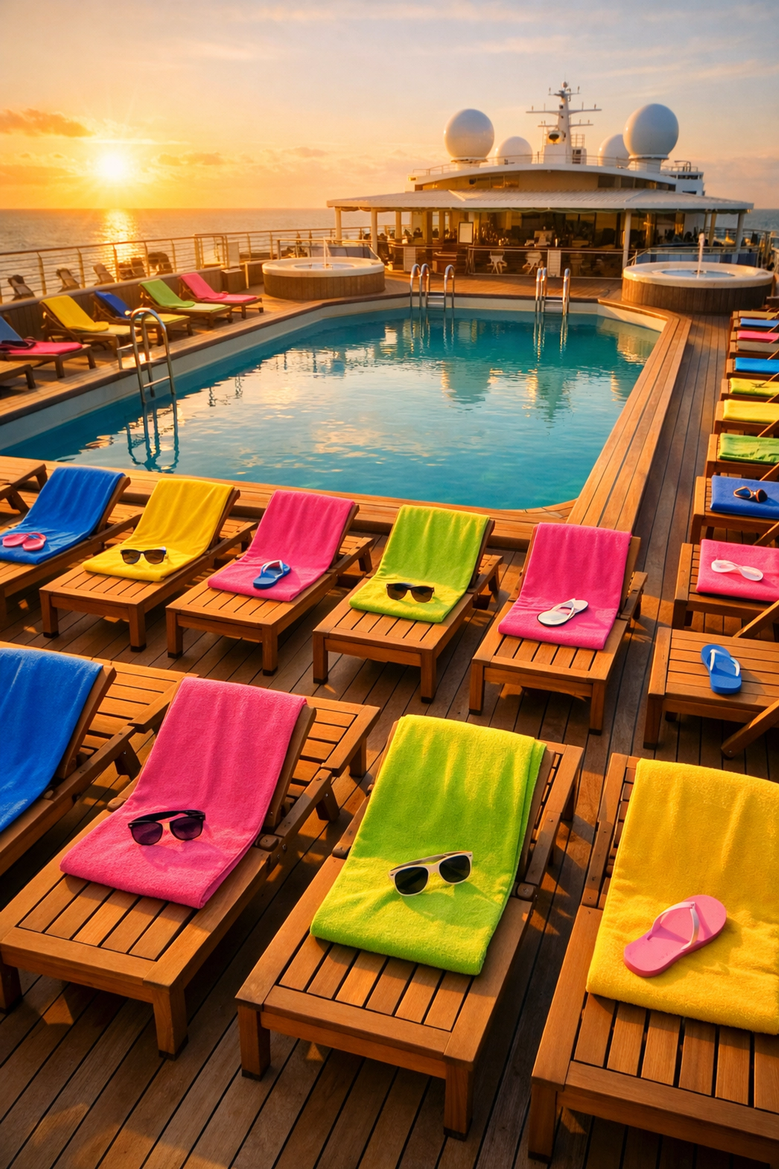 Empty luxury cruise ship lounge chairs on a sun-drenched pool deck reserved by towels and sunglasses.