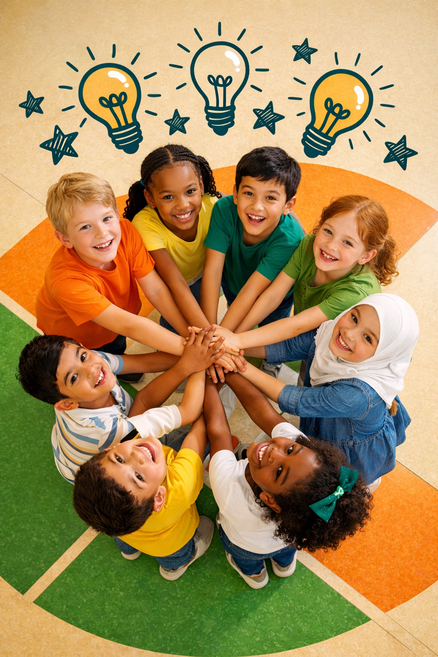 Diverse children in a team huddle, showing community and peer-based learning for young leaders.