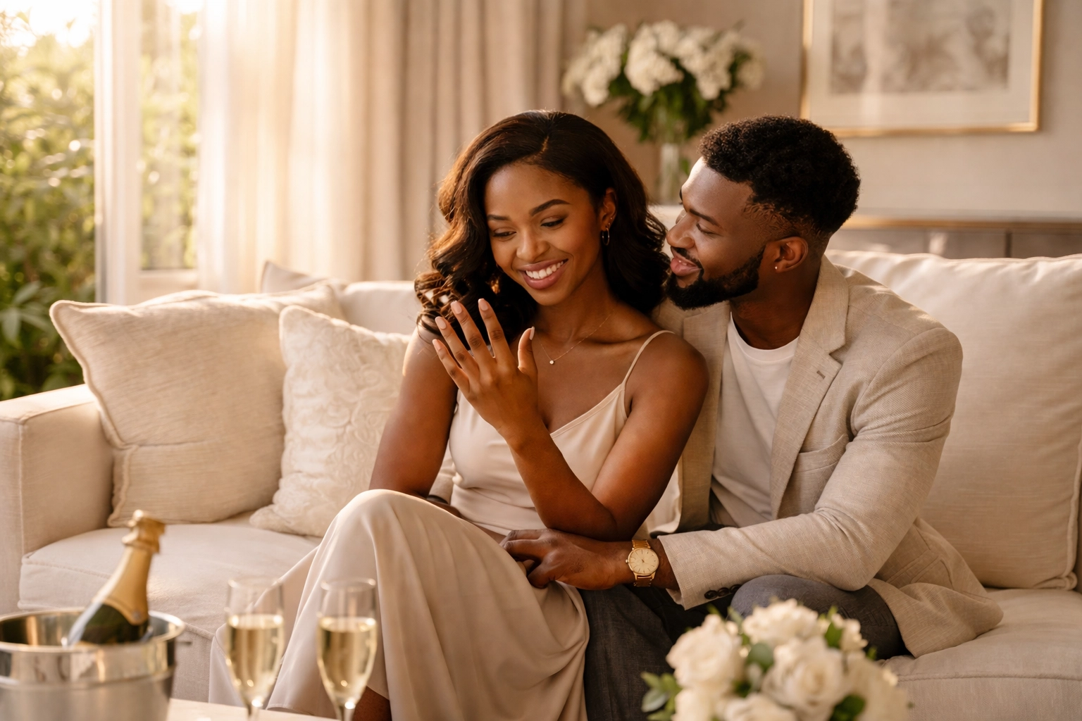 African American couple celebrating engagement on cozy sofa with champagne, sharing wedding joy
