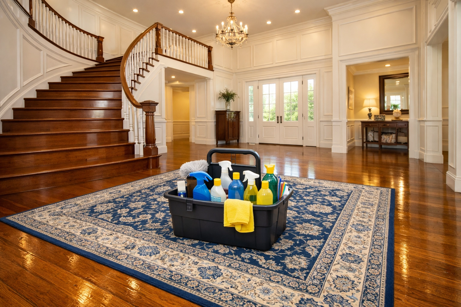 Eco-friendly residential cleaning Massachusetts caddy in a grand Dover estate with a mahogany staircase.