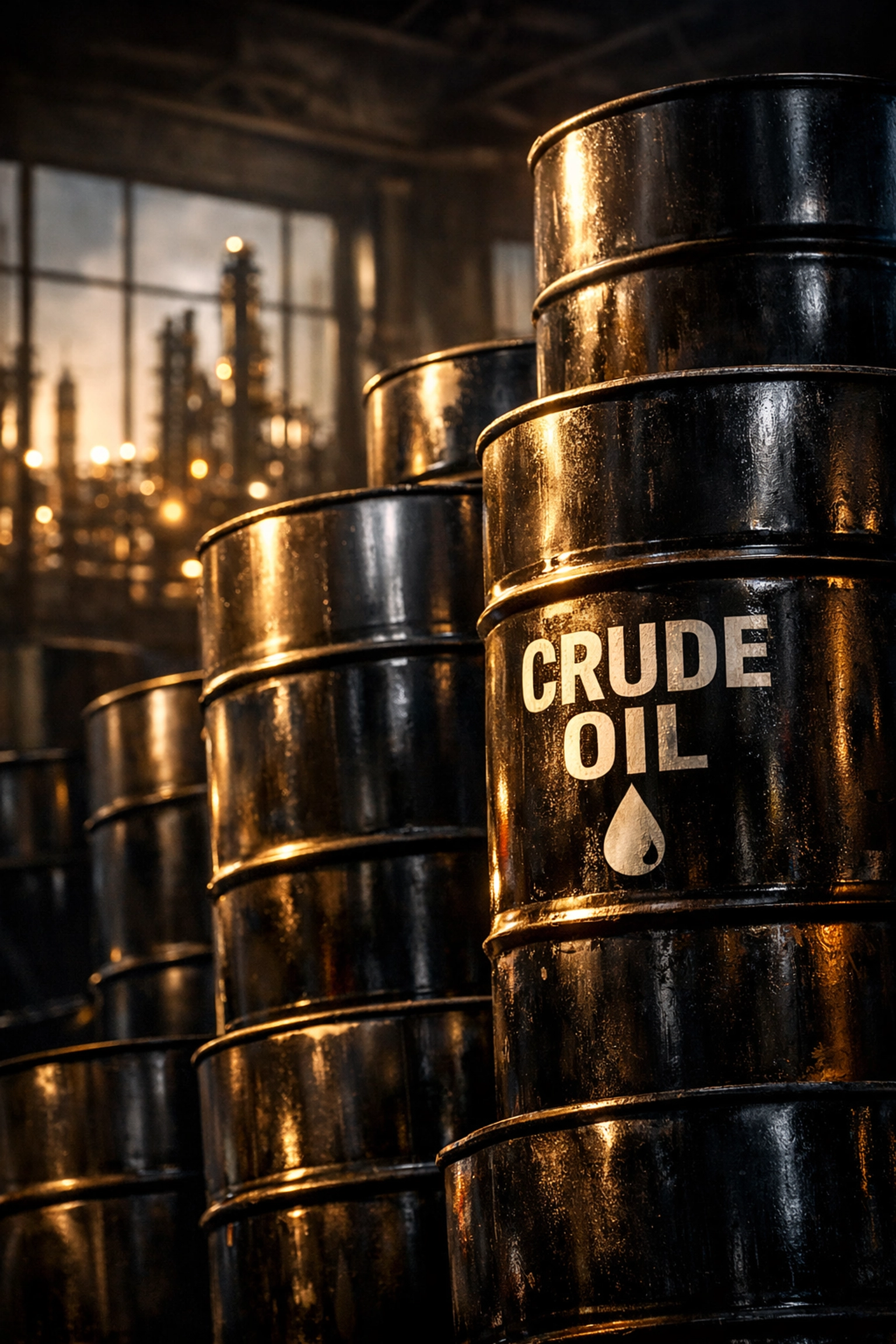 Crude oil barrels in industrial warehouse representing energy commodity investments