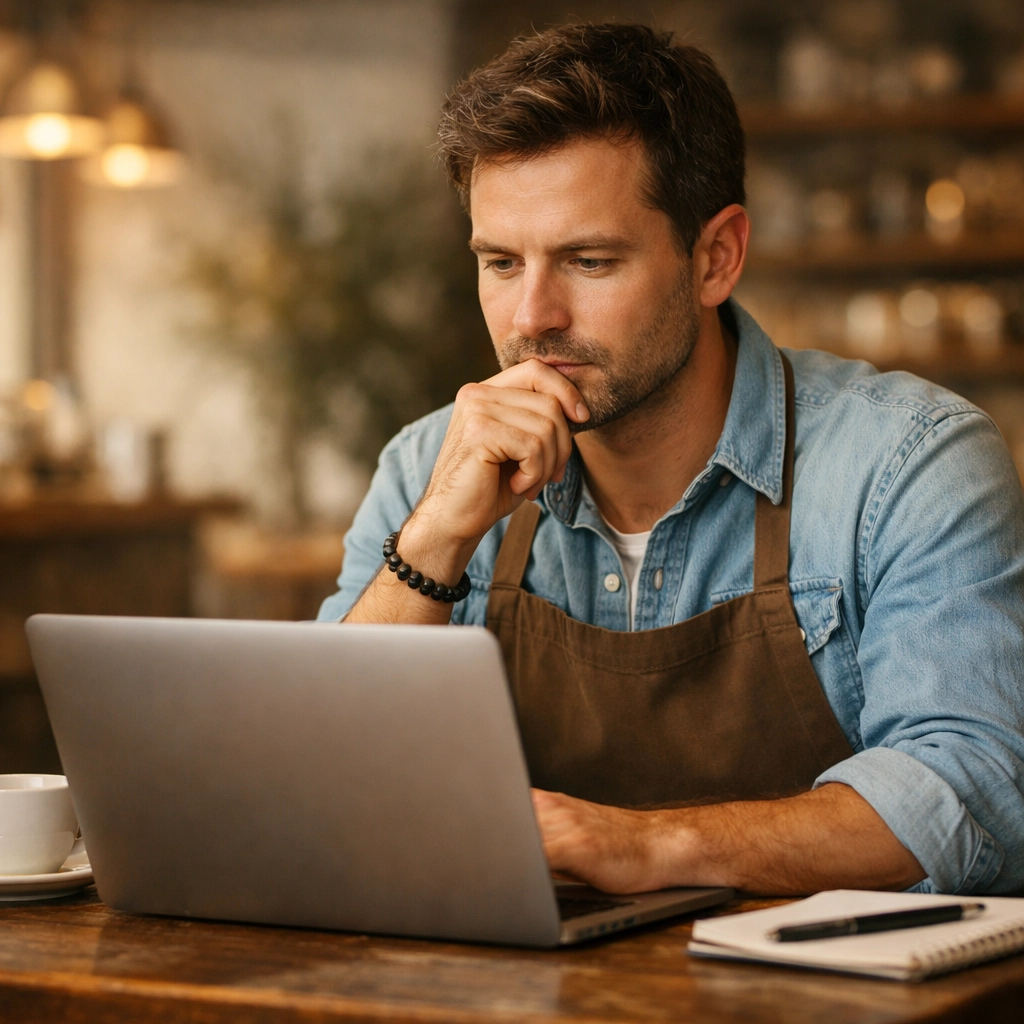 Small business owner managing automated review responses on laptop