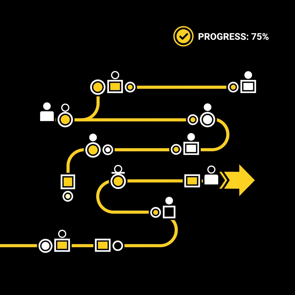 Flowchart on black background with yellow lines and icons, ending in an arrow. Text reads "PROGRESS: 75%" with a checkmark symbol.