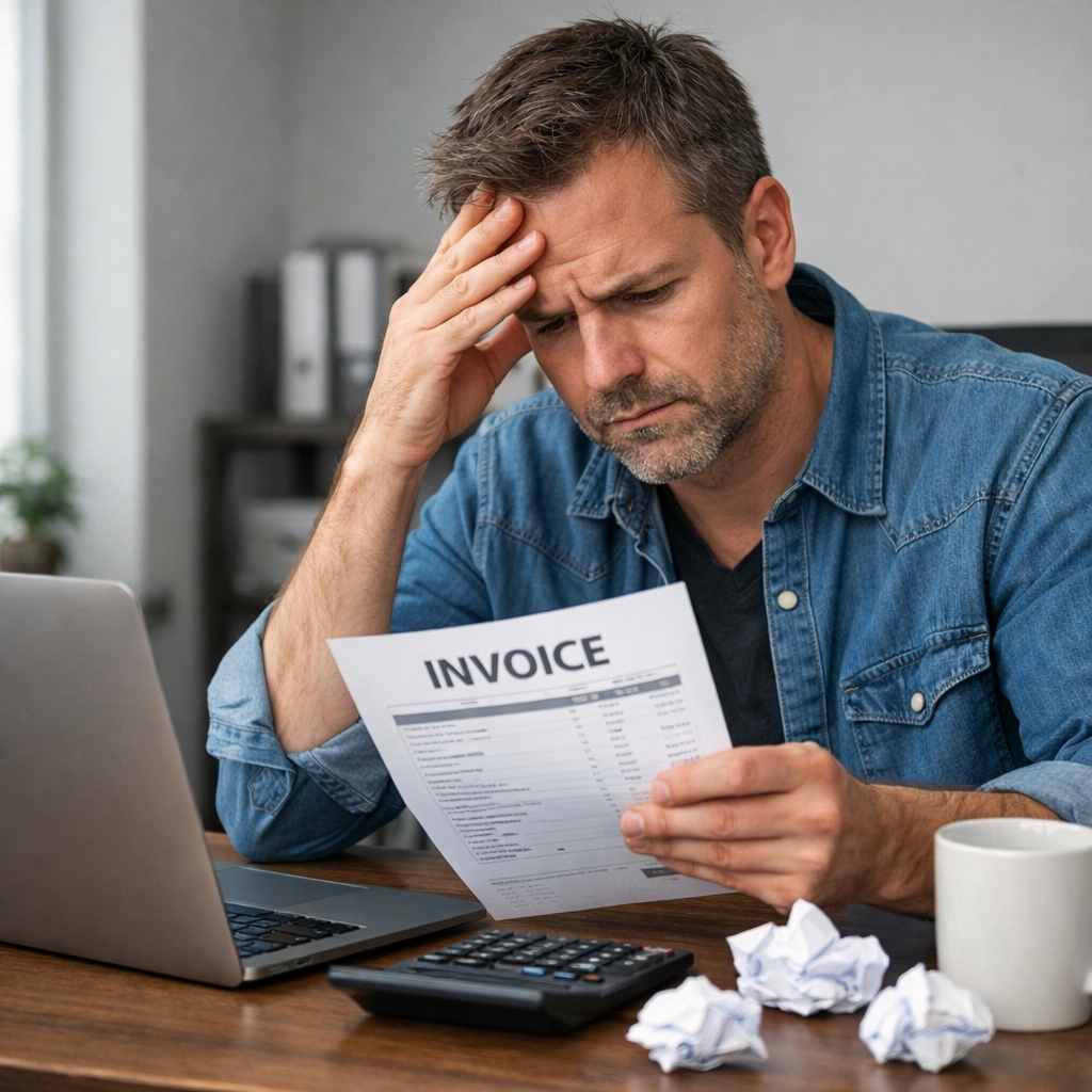 Small business owner stressed over expensive videographer invoice at desk