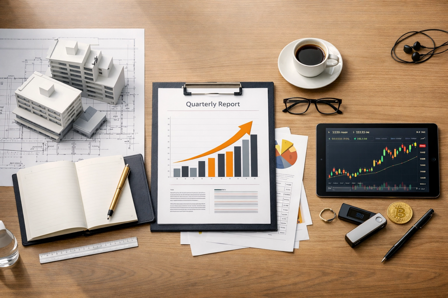 Investment portfolio strategy meeting showing private equity, real estate, and cryptocurrency allocations