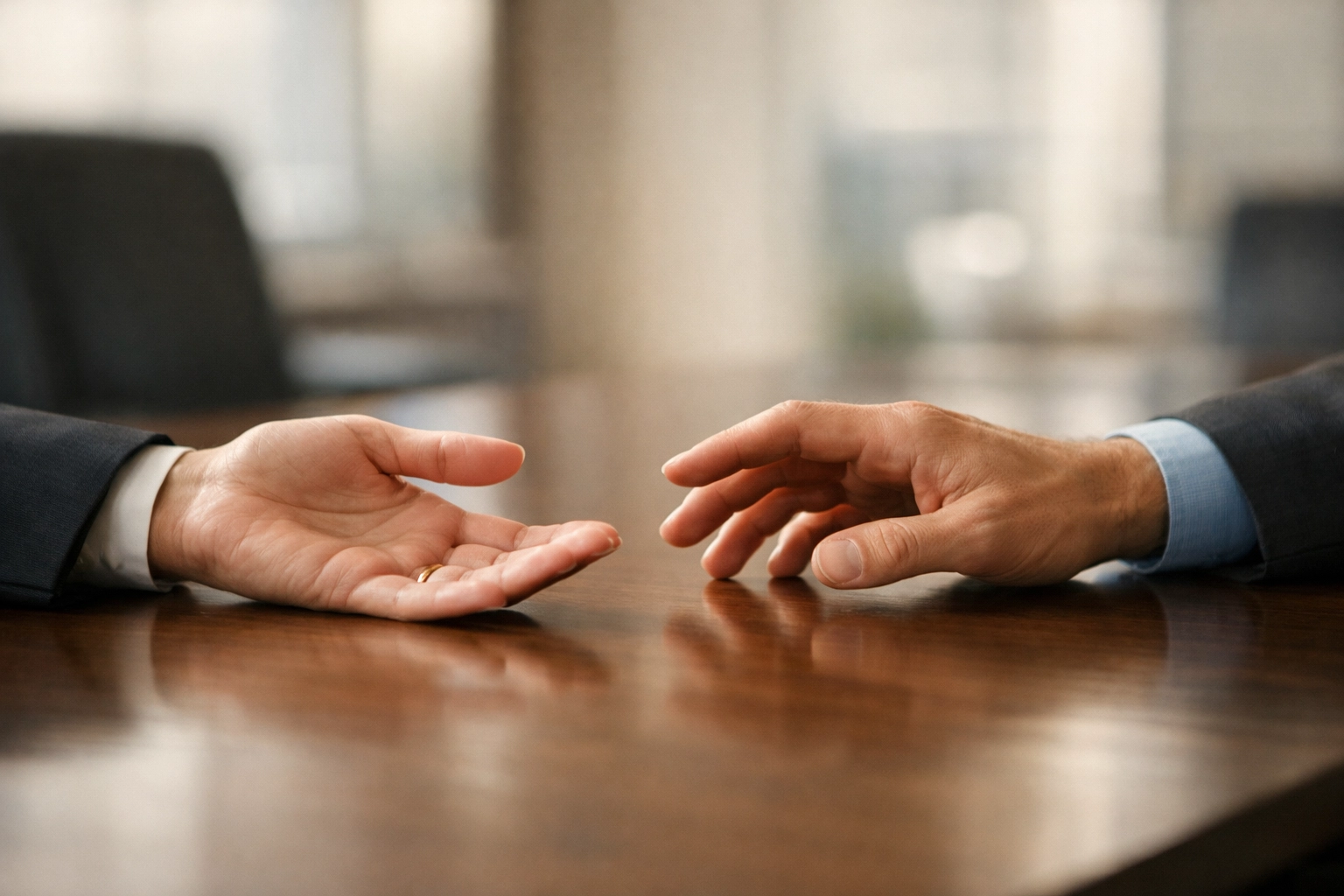 Two hands reaching across conference table showing emotional connection in workplace relationships