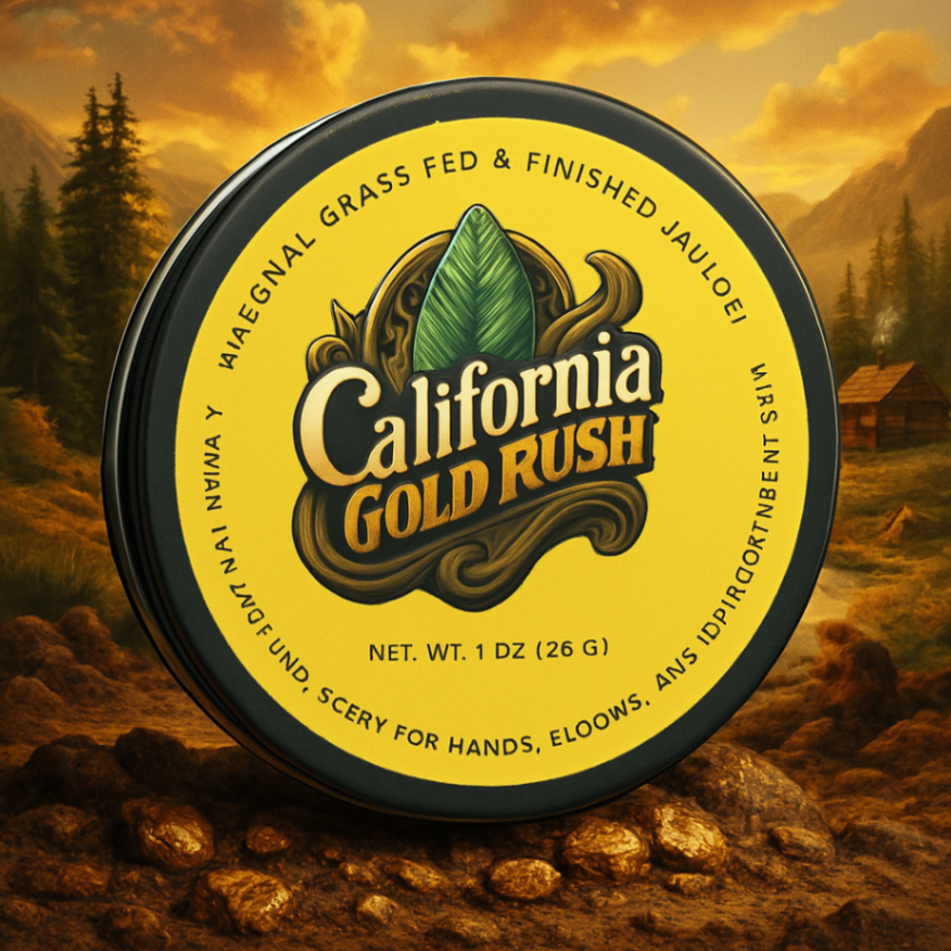 California Gold Rush tallow balm tin set against a rustic golden landscape with mountains and a cabin