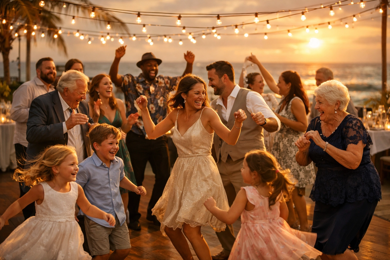 Wedding guests dancing at Gold Coast beachfront reception during sunset