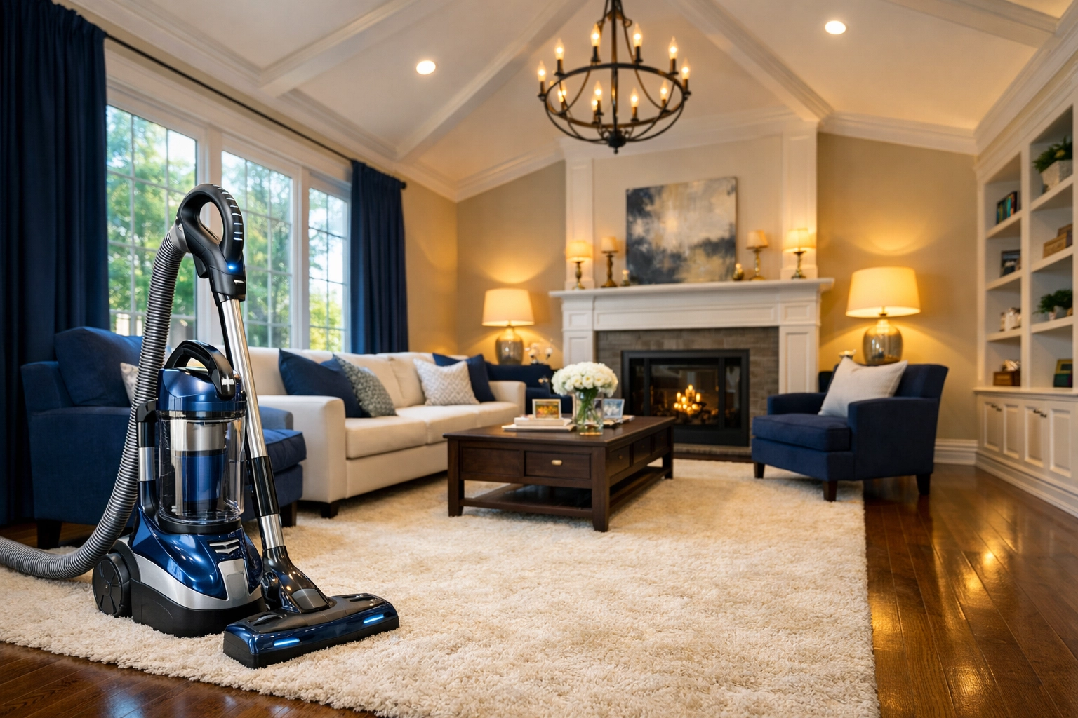 High-end MetroWest living room with a HEPA vacuum used for premium deep cleaning Westford projects.