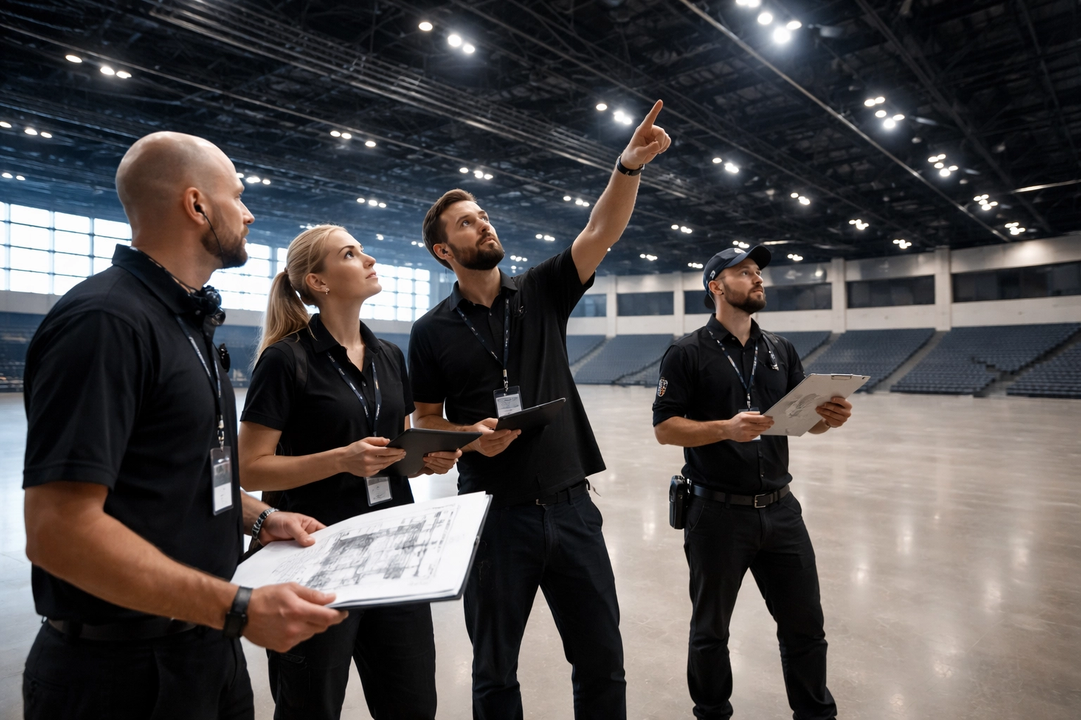Event production team conducts pre-event site survey in an arena, collaborating for strategic live event planning and setup