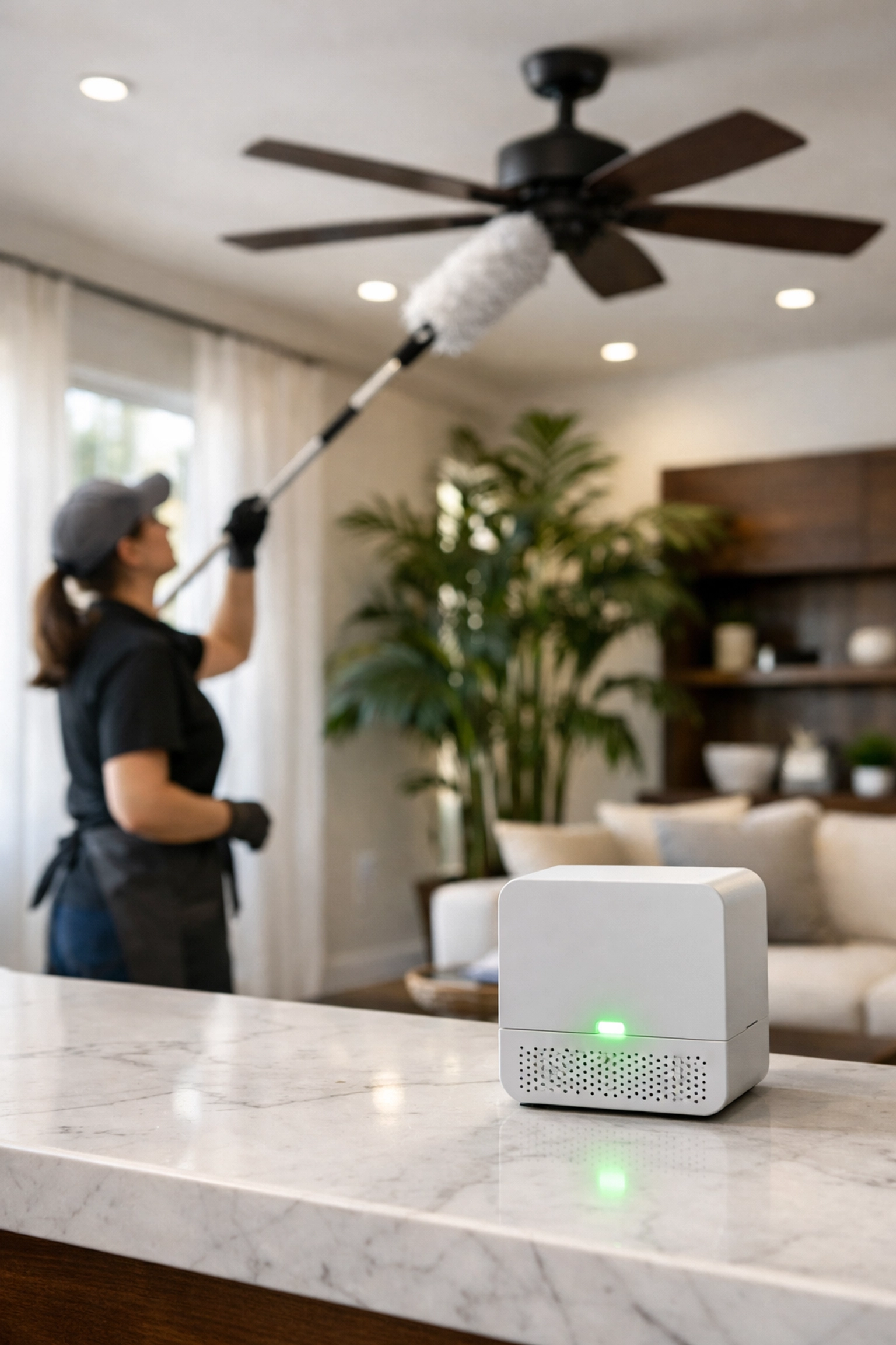 Professional cleaner deep cleaning a ceiling fan to improve air quality in an Orlando smart home.