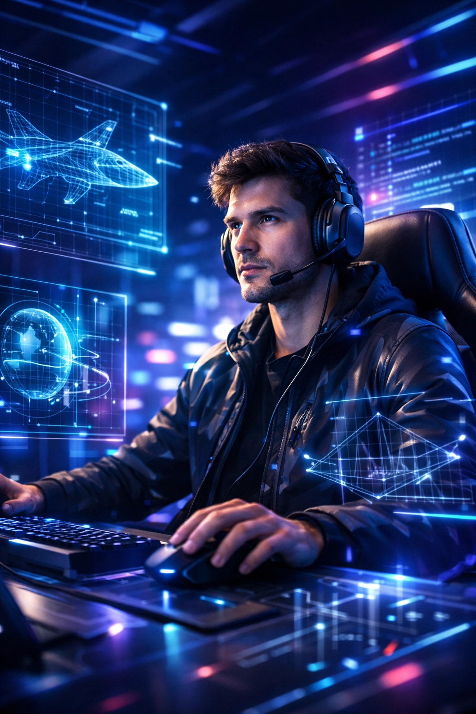 Student using a high-tech esports simulation pod for aeronautics training and STEM workforce development.