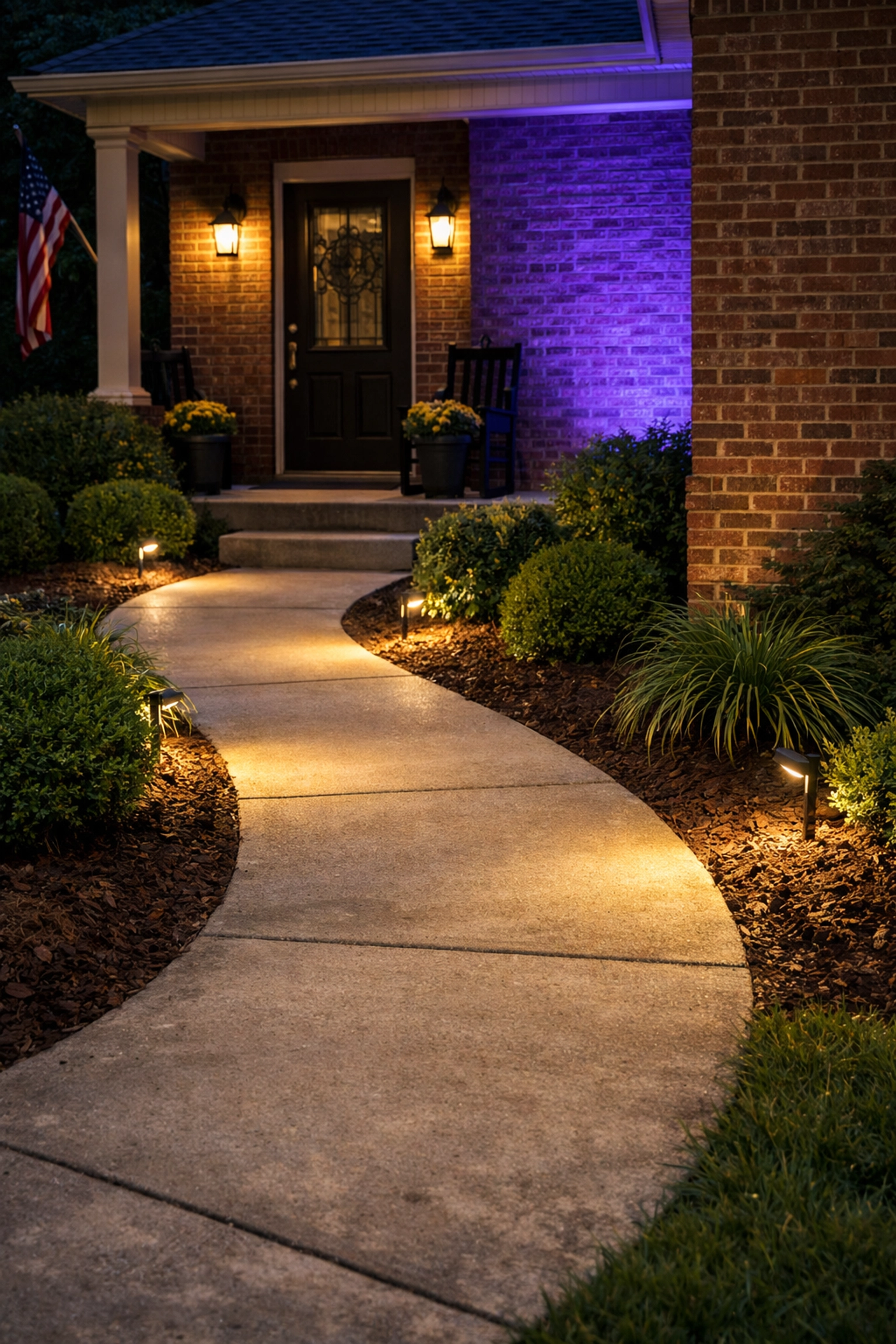 7 Mistakes You're Making with Permanent Outdoor Lighting (and How to Fix Them) Discreet path lights illuminate a brick home