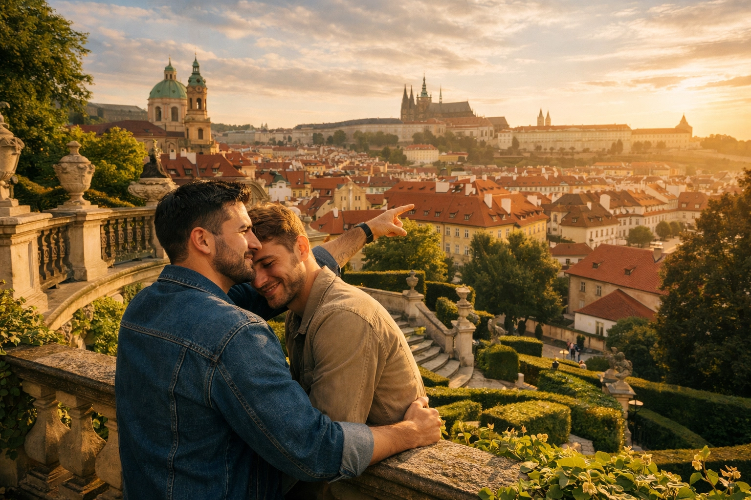 Gay couple enjoying romantic view of Prague from terraced Baroque garden