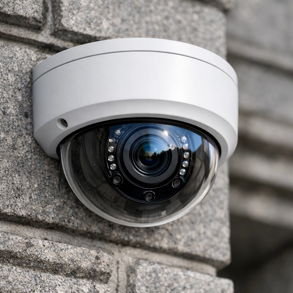 Professional dome CCTV camera installed on a stone wall for discreet home security in Chepstow.