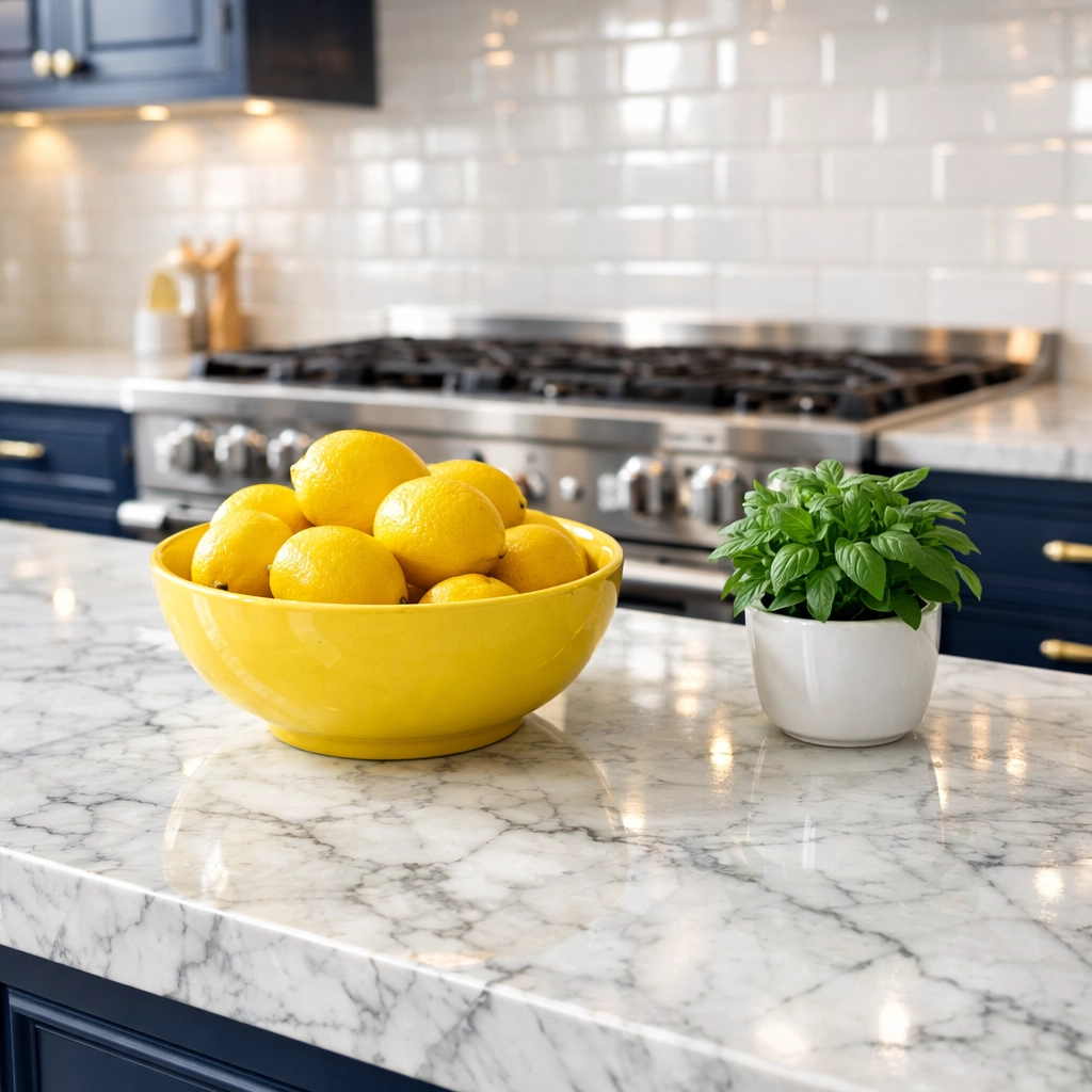 Deep cleaned luxury kitchen featuring sparkling marble countertops in a professional Boston home cleaning.