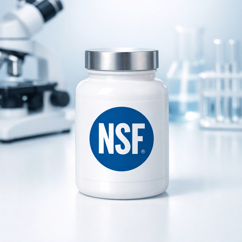 Third-party certified supplement bottle in quality testing laboratory